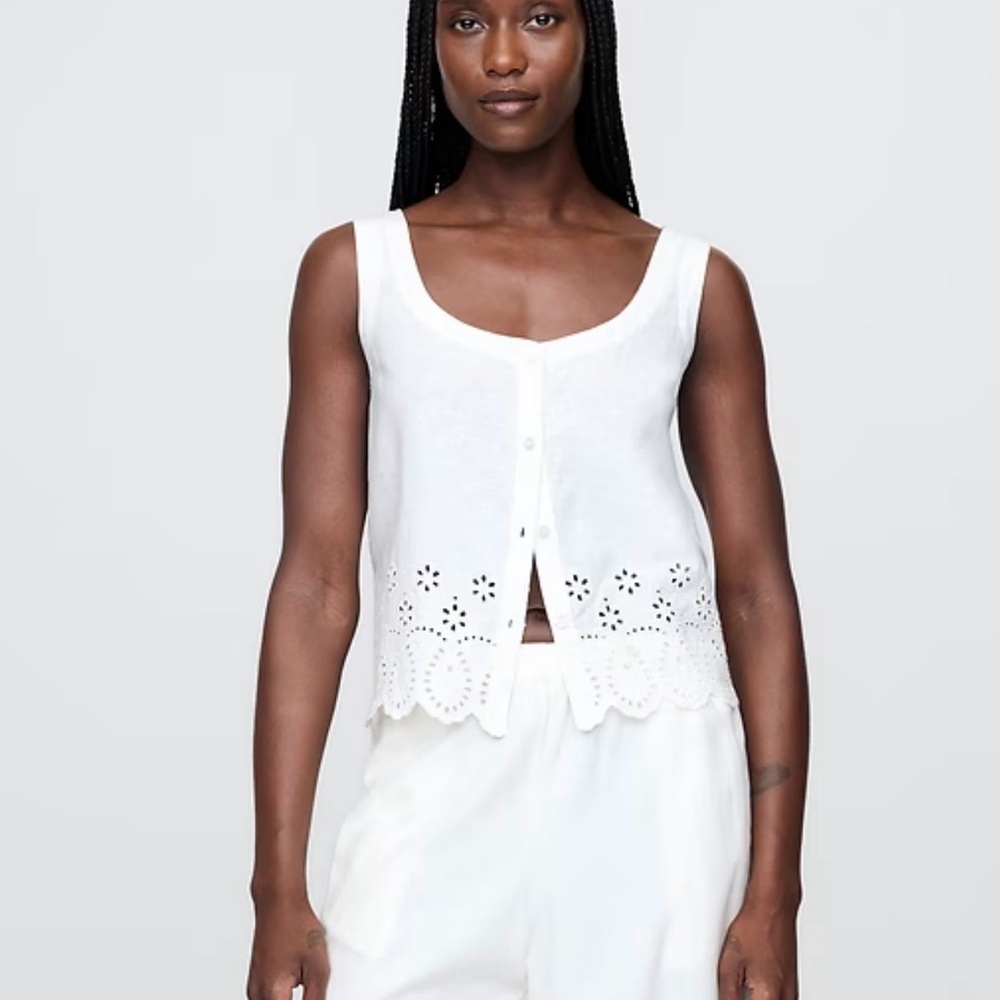 NWT Gap Women's Linen-Blend Eyelet Hem Tank Top in White, Size Xsmall